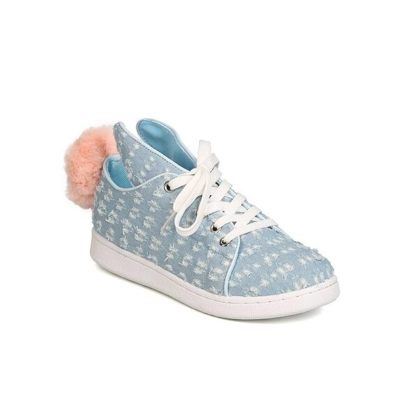 NWT / NIB Qupid blue denim-like bunny ear lace up faux fur pom pom sneakers - Picture 2 of 14